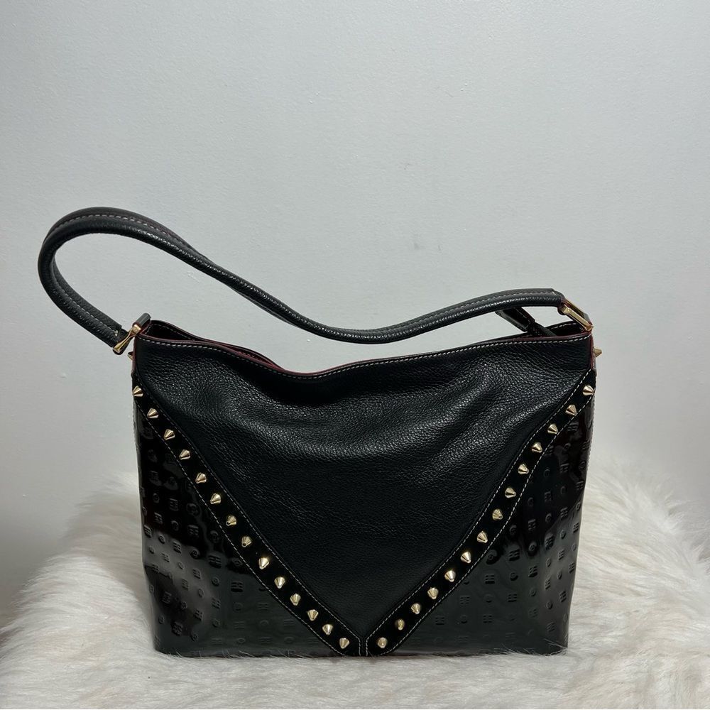 NWT Arcadia Made in Italy Black Patent‎ Leather Gold Studded Bag - Picture 3 of 15